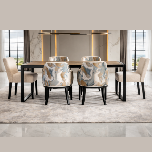 5d302991bb924692b4ac9d85f9b2d089 (1) 6-Seater Dining Set - Wood-Look Table with Patterned & Solid Chairs