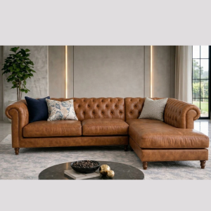 Chesterfield L-Shape pure Leather Sofa - Tan